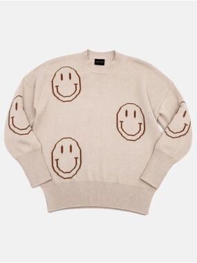 Miou Muse Smiley Face Sweater Cream/Tan Oversized Knit Pullover Small